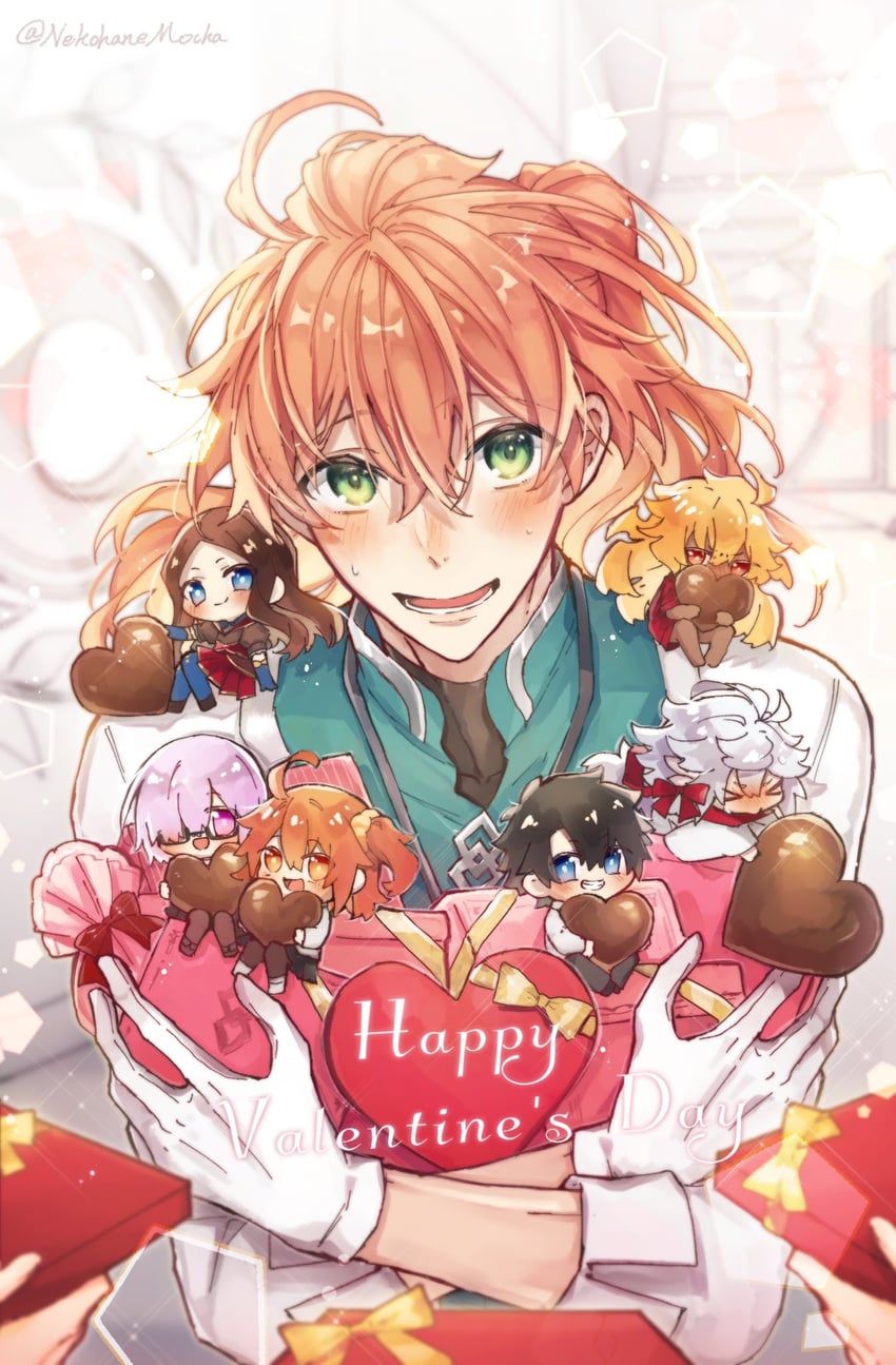 fujimaru ritsuka, leonardo da vinci, merlin, romani archaman, goetia, and 1 more (fate and 1 more) drawn by nekohanemocha