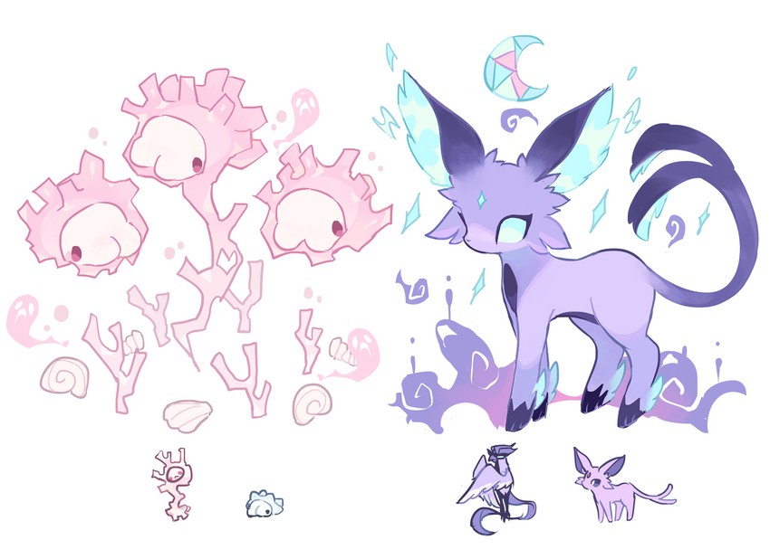 espeon, snom, cursola, and galarian articuno (pokemon) drawn by charamells