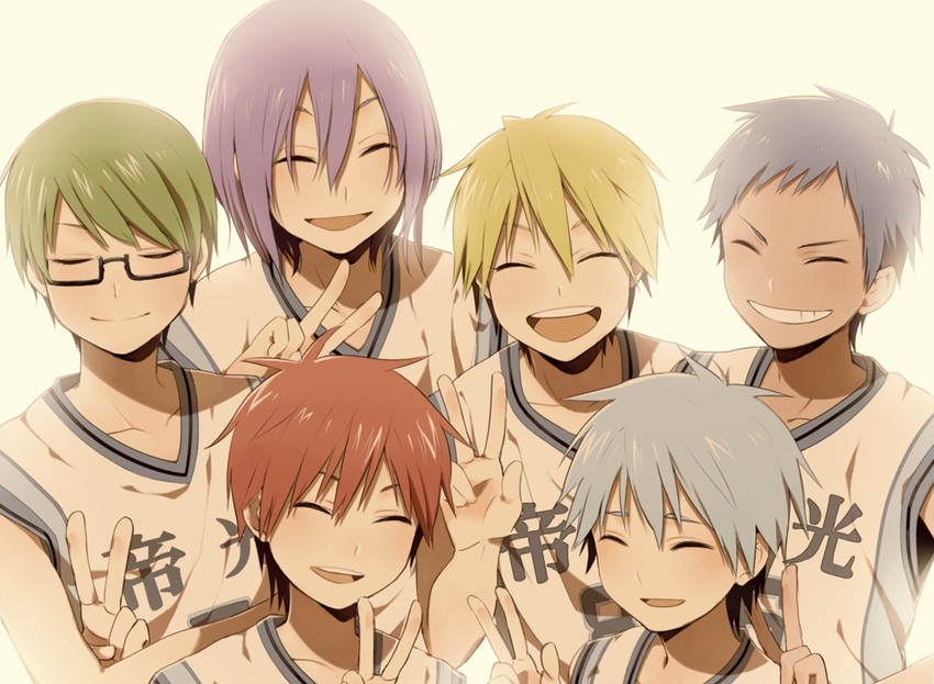 kuroko tetsuya, aomine daiki, kise ryouta, akashi seijuurou, midorima shintarou, and 1 more (kuroko no basuke) drawn by sayu_(migiu)