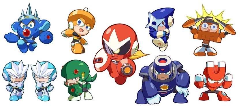 proto man, shadow man, snake man, top man, gemini man, and 5 more (mega man and 2 more) drawn by kin_niku
