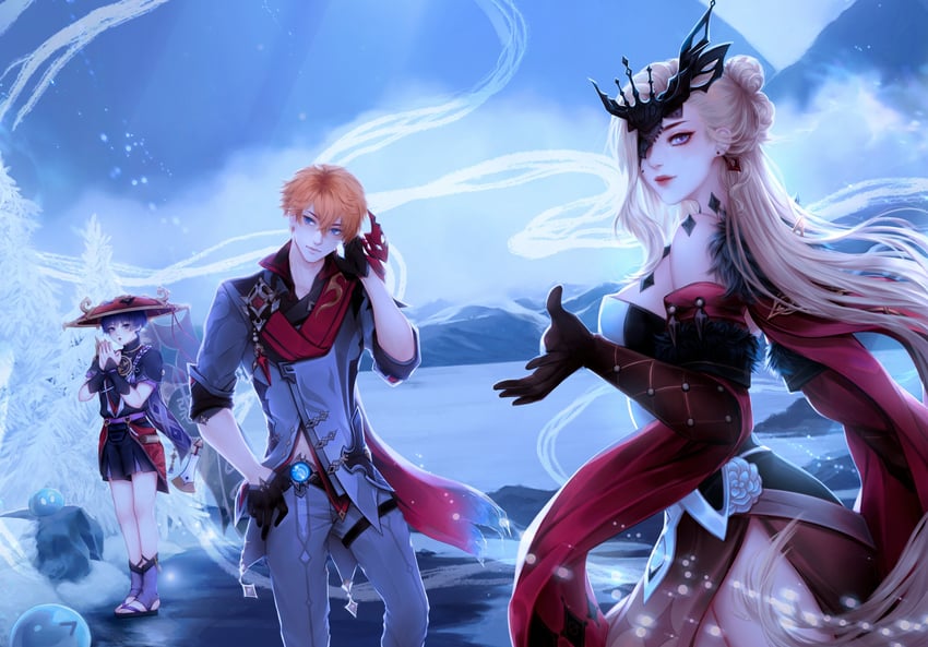 scaramouche, tartaglia, slime, and signora (genshin impact) drawn by alqmia