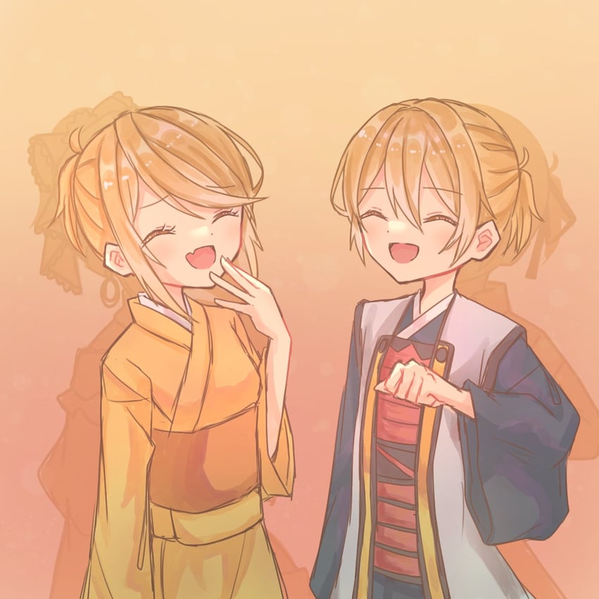 kagamine rin, kagamine len, miroku rin, and kokutan-douji (vocaloid and 2 more) drawn by aquamarinu