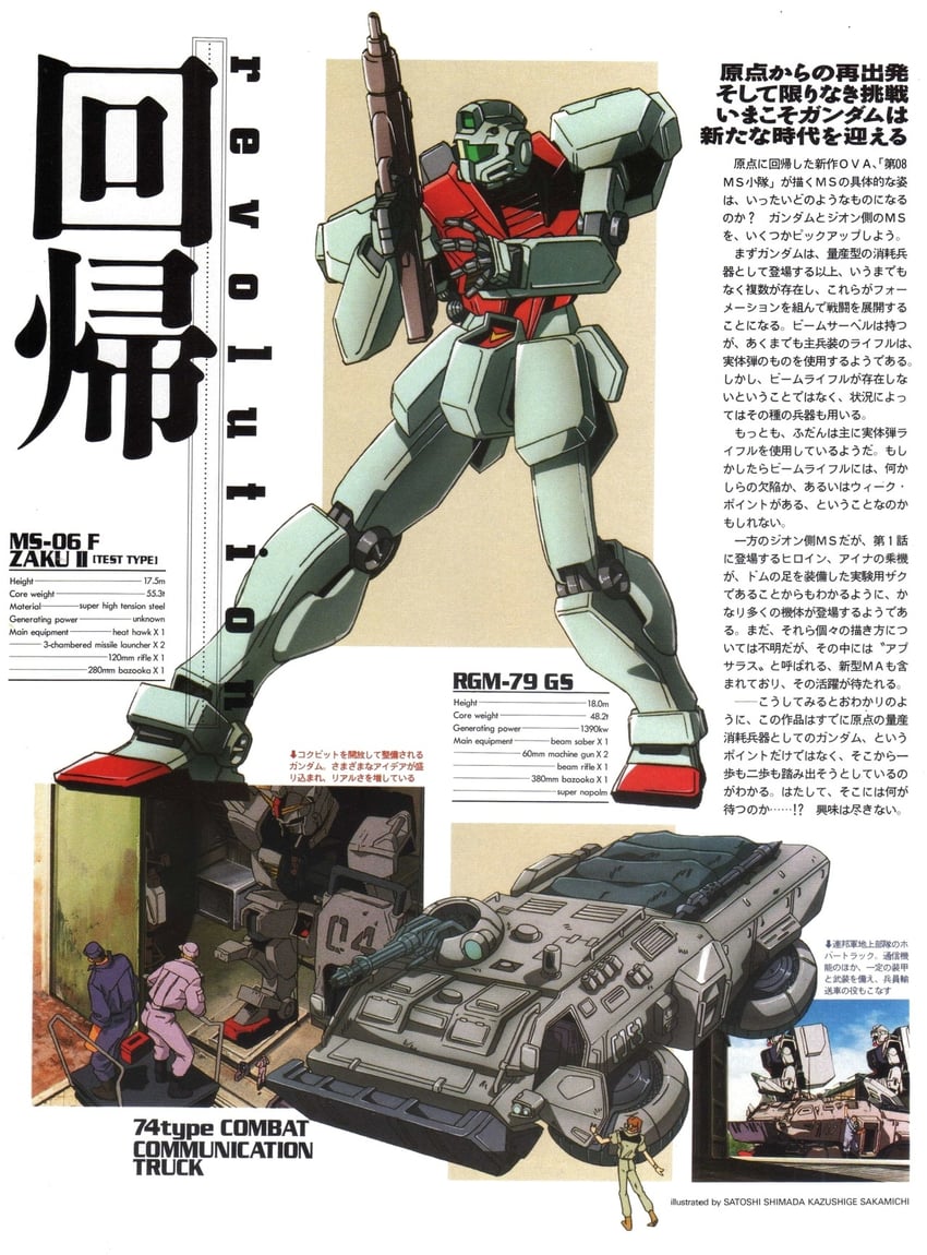 ground gundam, bloodhound, michel ninorich, and early type gm (gundam and 2 more) drawn by sakamichi_kazushige and shimada_satoshi