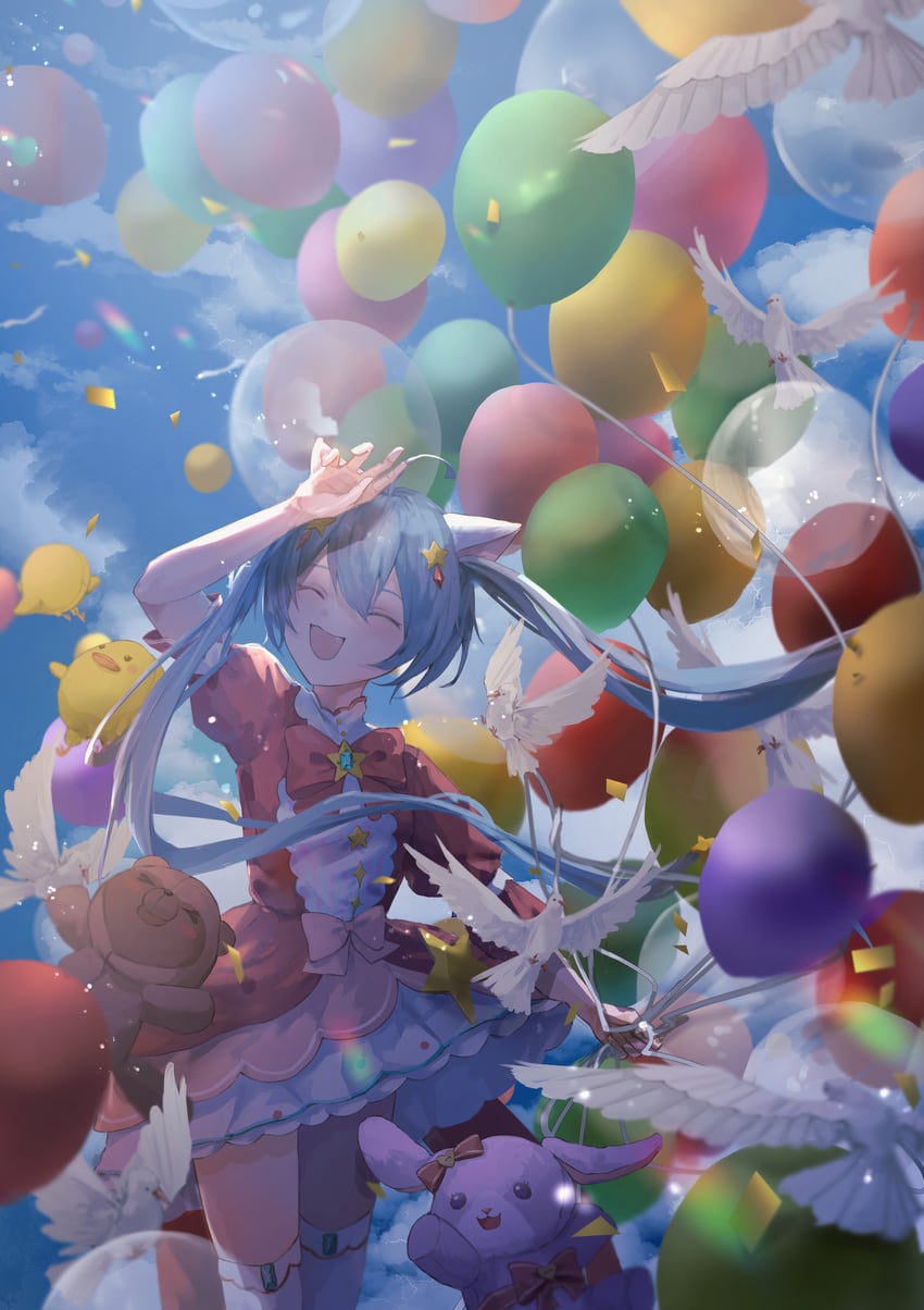 hatsune miku, wonderlands x showtime miku, and stuffed bunny (vocaloid and 1 more) drawn by sanou