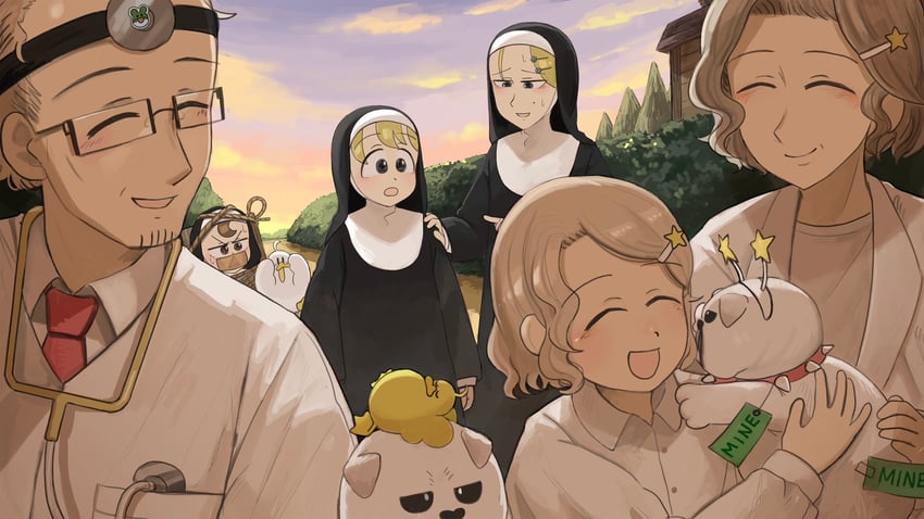 clumsy nun, froggy nun, strict nun, little star girl, star nun's aunt, and 1 more (little nuns) drawn by diva_(hyxpk)