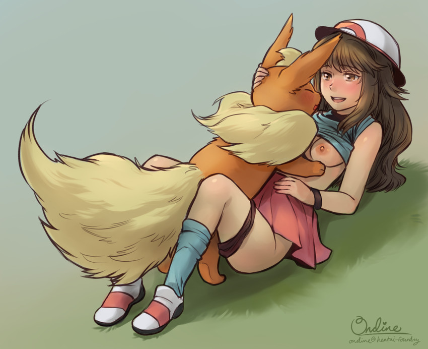 leaf and flareon (pokemon and 1 more) drawn by roarke_(lavenderincubus)