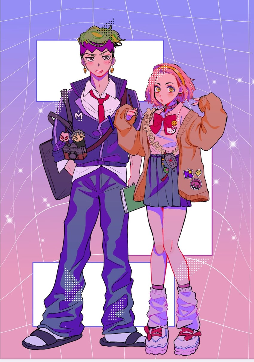 kishibe rohan, hello kitty, hirose koichi, killer queen, and sugimoto reimi (jojo no kimyou na bouken and 4 more) drawn by chachaumeume