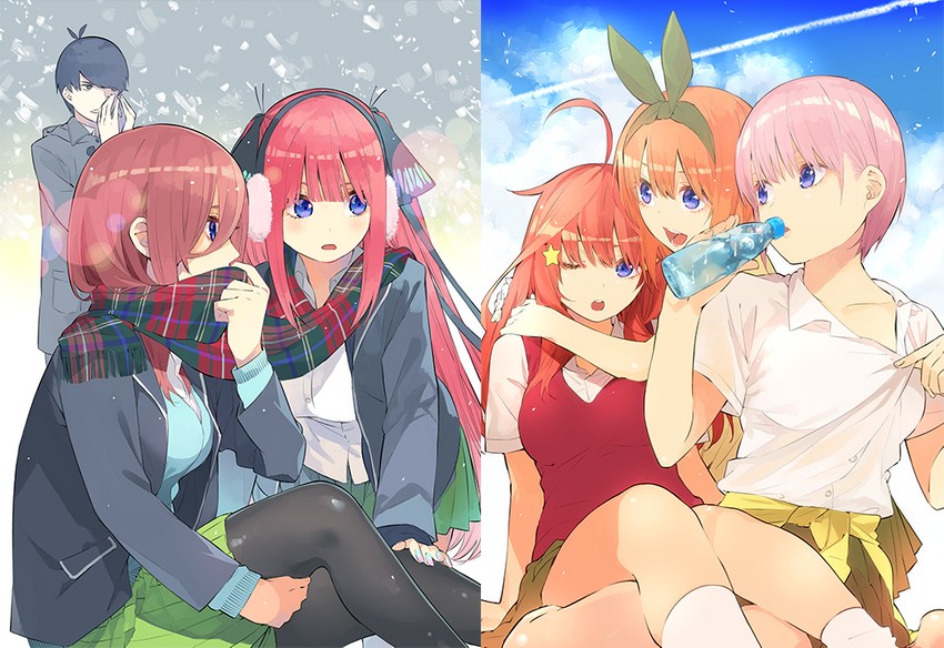 nakano nino, nakano miku, nakano yotsuba, nakano itsuki, nakano ichika, and 1 more (go-toubun no hanayome) drawn by haruba_negi
