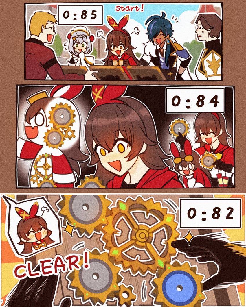 amber, kaeya, noelle, baron bunny, and huffman (genshin impact) drawn by enpitsu01