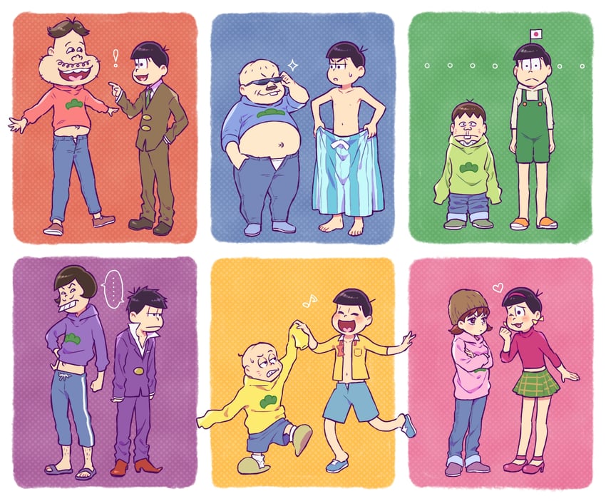 matsuno osomatsu, matsuno karamatsu, matsuno ichimatsu, matsuno jyushimatsu, matsuno choromatsu, and 7 more (osomatsu and 1 more) drawn by kabu_(bekka)
