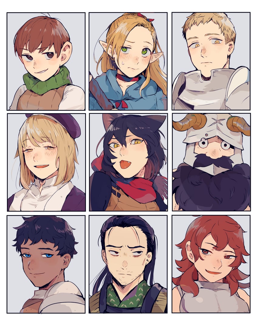 marcille donato, falin touden, laios touden, senshi, kabru, and 4 more (dungeon meshi) drawn by senpuuki_(lince0713)
