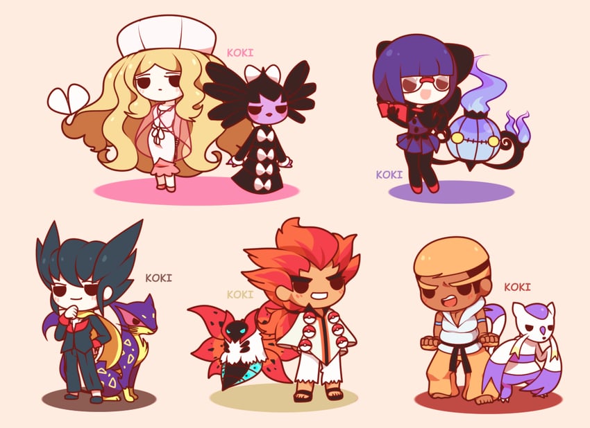 chandelure, grimsley, caitlin, shauntal, volcarona, and 5 more (pokemon and 1 more) drawn by koki_arts