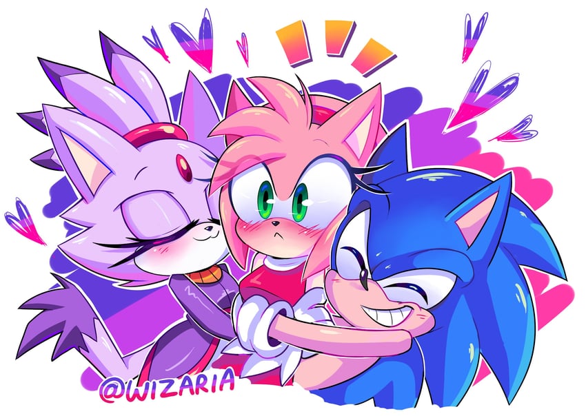 sonic the hedgehog, amy rose, and blaze the cat (sonic) drawn by wizaria