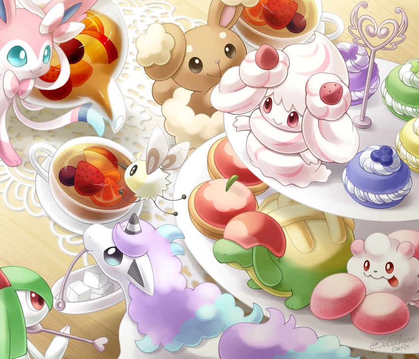 sylveon, kirlia, alcremie, buneary, cutiefly, and 3 more (pokemon) drawn by sasabunecafe