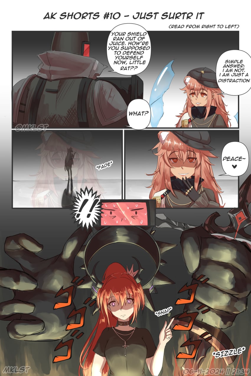 surtr, gravel, and surtr's golem (arknights) drawn by maikeruexe