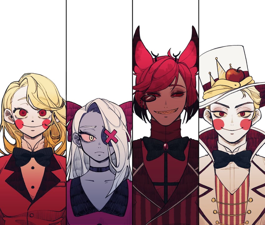 lucifer morningstar, charlie morningstar, alastor, and vaggie (hazbin hotel) drawn by jelly_bear2