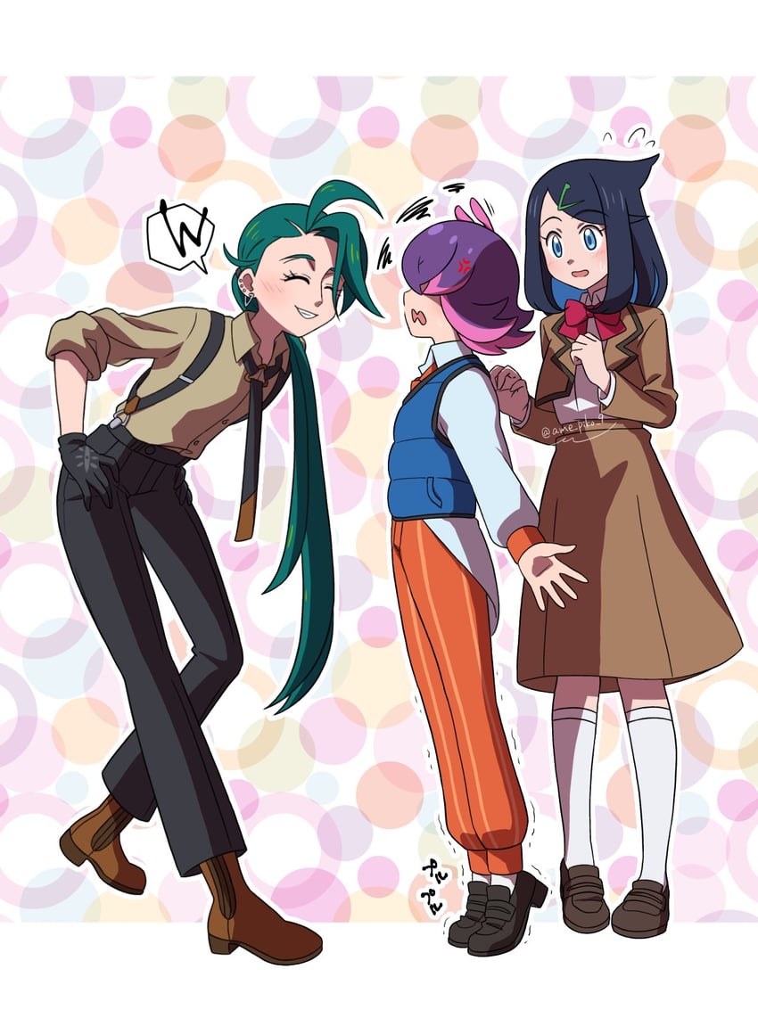 rika, liko, and dot (pokemon and 1 more) drawn by amedamaneko