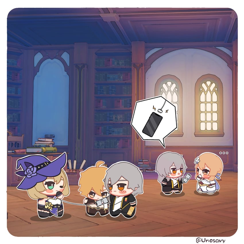 lumine, trailblazer, aether, stelle, caelus, and 1 more (genshin impact and 3 more) drawn by unosavy
