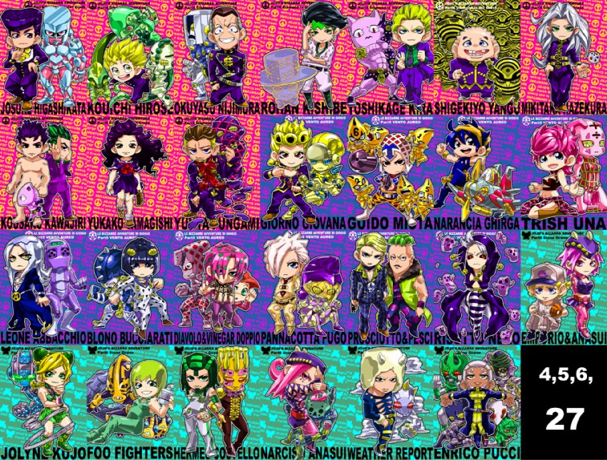 kujo jolyne, giorno giovanna, higashikata josuke, kishibe rohan, bruno bucciarati, and 48 more (jojo no kimyou na bouken and 3 more) drawn by kan_(tachi)