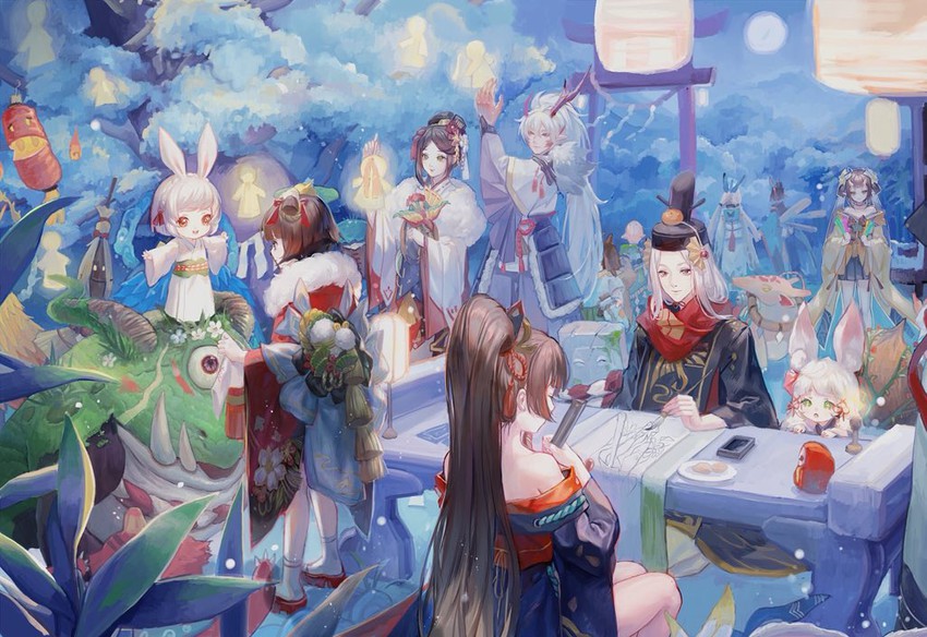 youtou hime, kagura, abe no seimei, momo no sei, ibaraki douji, and 11 more (onmyoji) drawn by maccha_(mochancc)