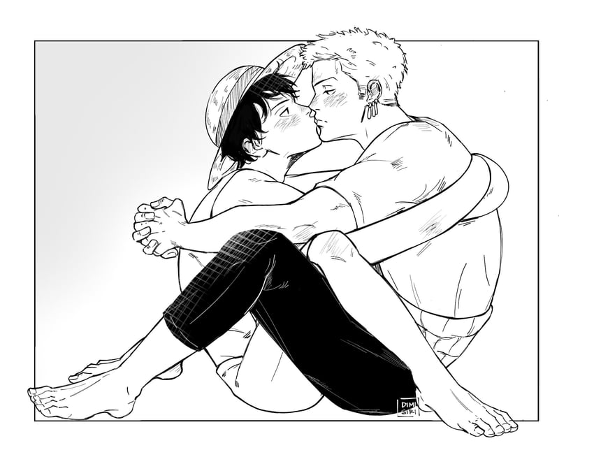 monkey d. luffy and roronoa zoro (one piece) drawn by dimigiri
