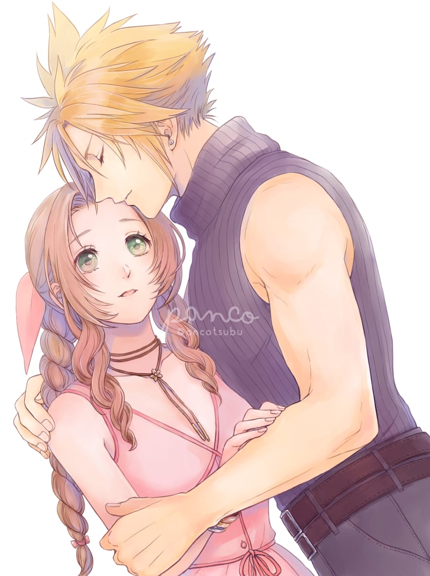 cloud strife and aerith gainsborough (final fantasy and 2 more) drawn by ancotsubu