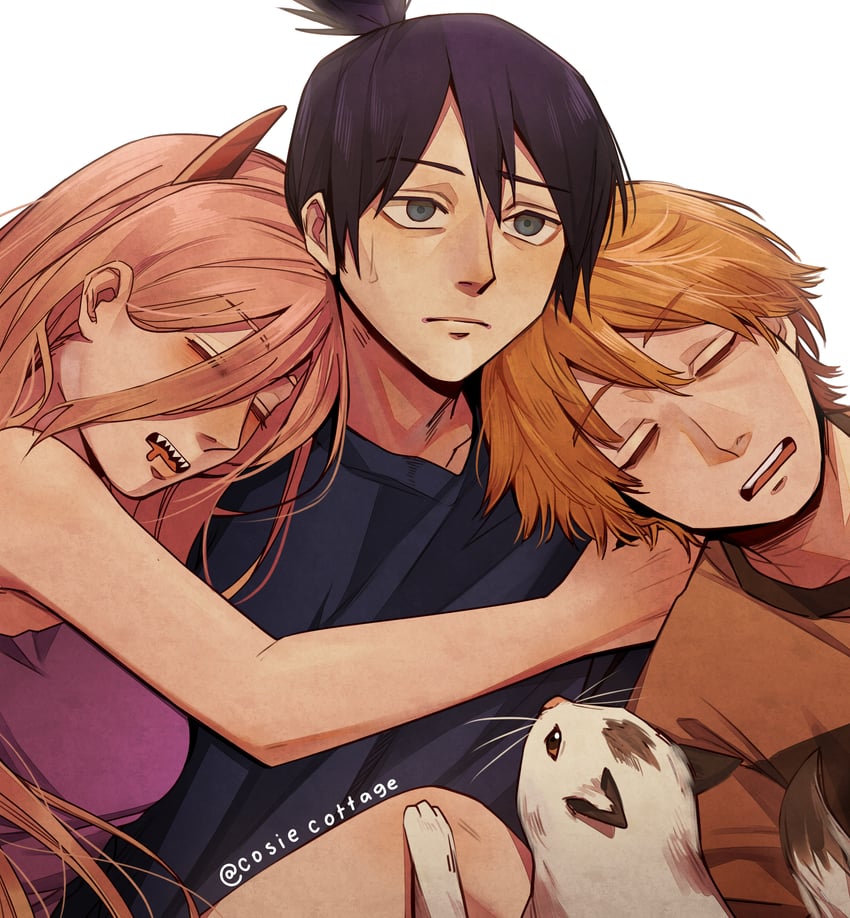 power, denji, hayakawa aki, and meowy (chainsaw man) drawn by cosiecottage