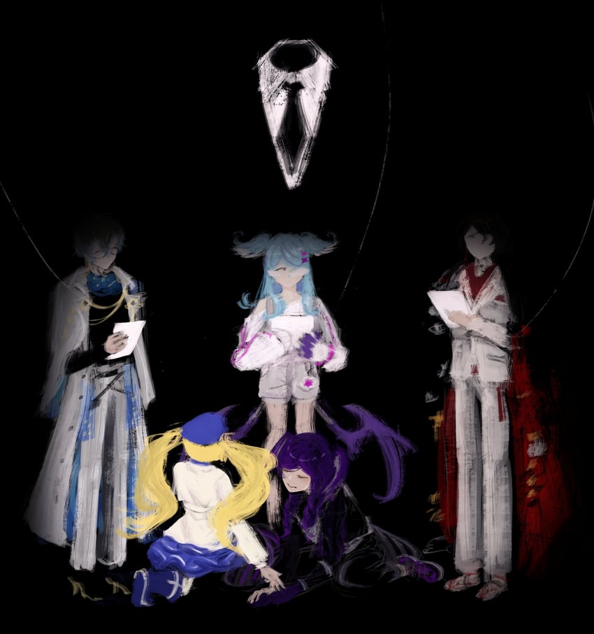 elira pendora, selen tatsuki, dokibird, ike eveland, and vox akuma (nijisanji and 2 more) drawn by vessel4rt