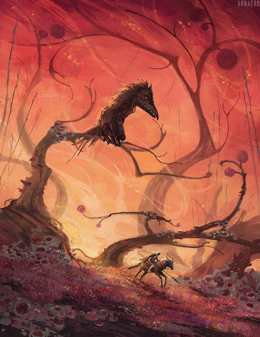 tarnished, bloody wolf, torrent, and giant crow (elden ring) drawn by arnaerr
