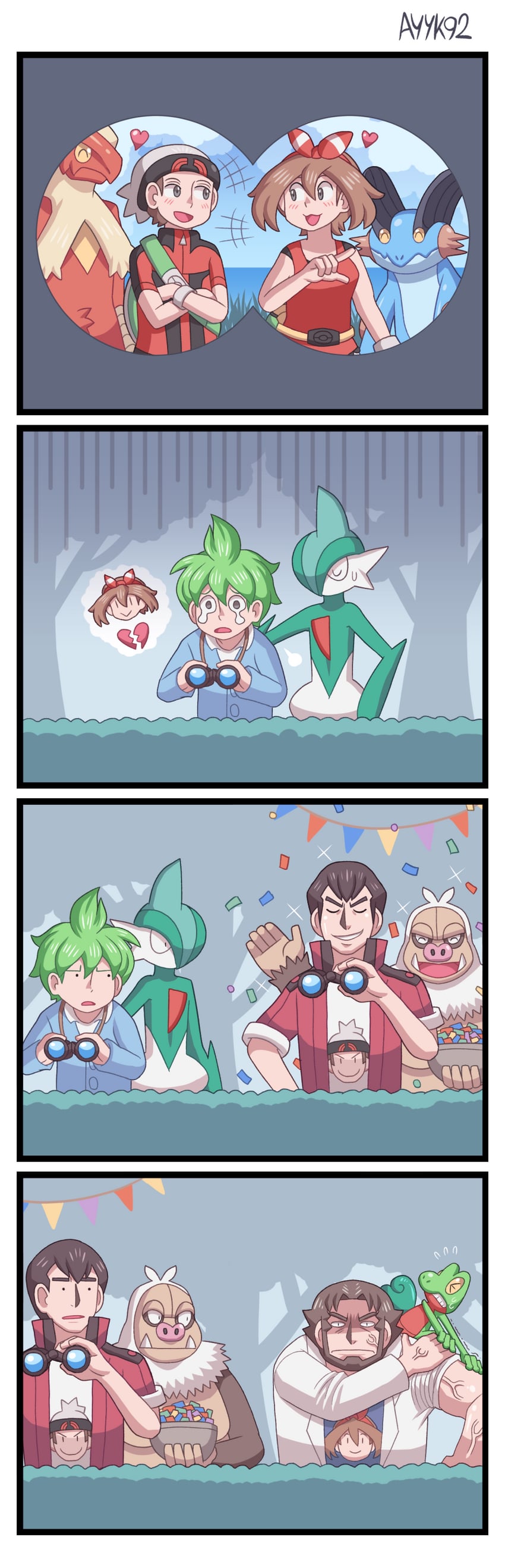 may, brendan, gallade, blaziken, treecko, and 5 more (pokemon and 1 more) drawn by ayyk92