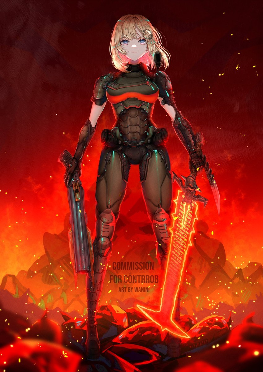 watson amelia and doomguy (hololive and 3 more) drawn by wani_(fadgrith)