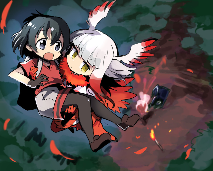 kaban, japanese crested ibis, and black cellien (kemono friends) drawn by hitsuji_bako