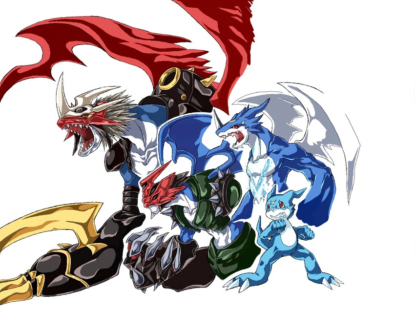 v-mon, imperialdramon, paildramon, xv-mon, and imperialdramon dragon mode (digimon and 1 more) drawn by dawadawa_dawasa