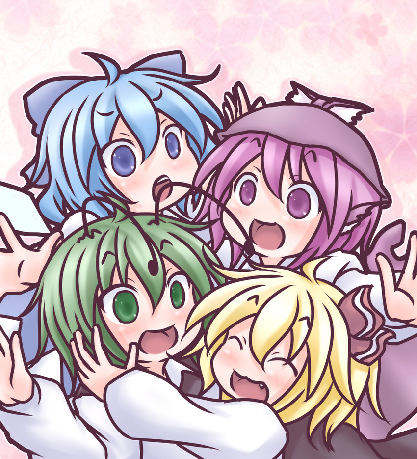 cirno, rumia, mystia lorelei, and wriggle nightbug (touhou) drawn by takanoru