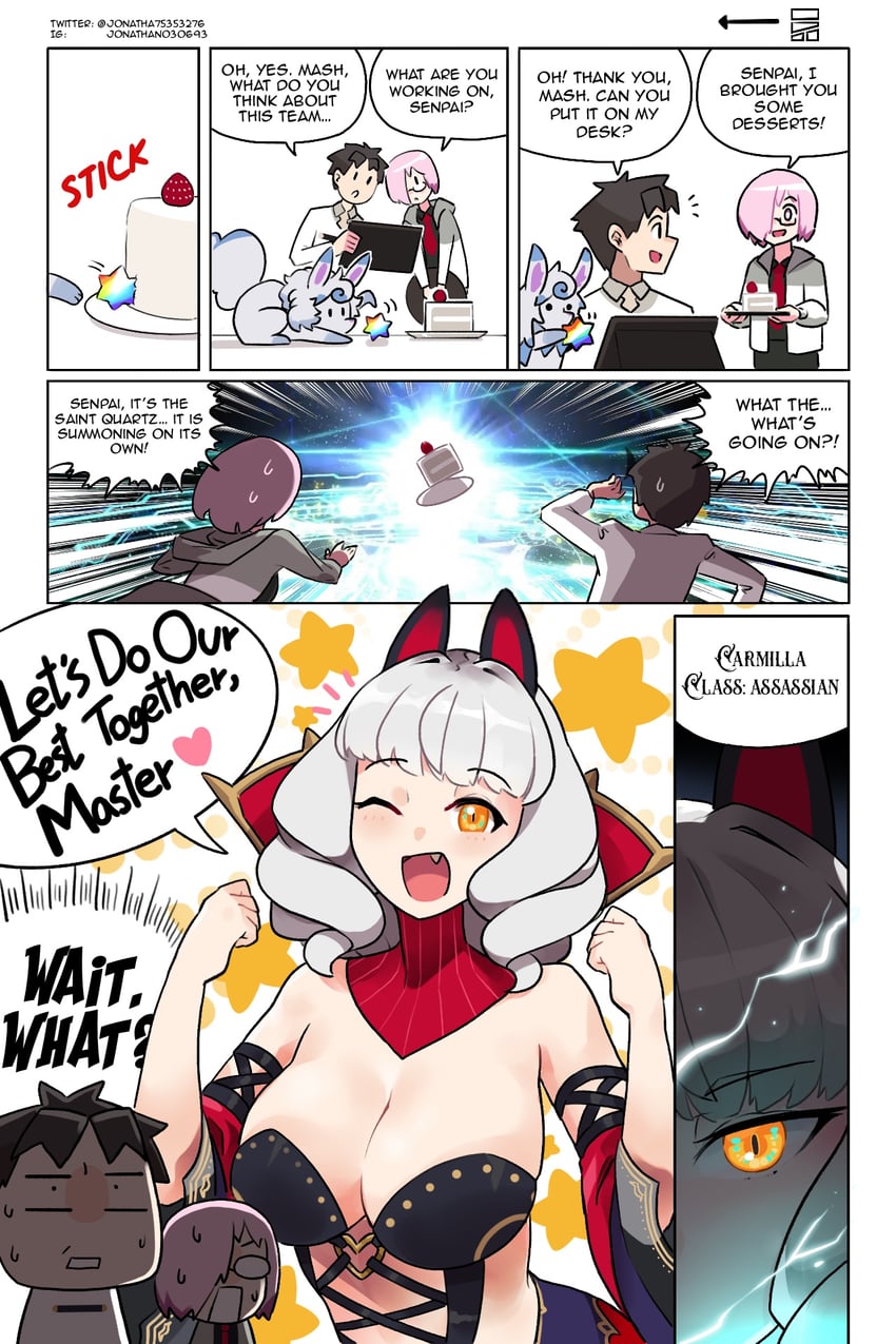 mash kyrielight, fujimaru ritsuka, fou, and carmilla alter (fate and 1 more) drawn by monkey_jon