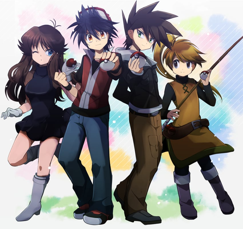 red, blue oak, green, and yellow (pokemon and 1 more) drawn by ayateaori