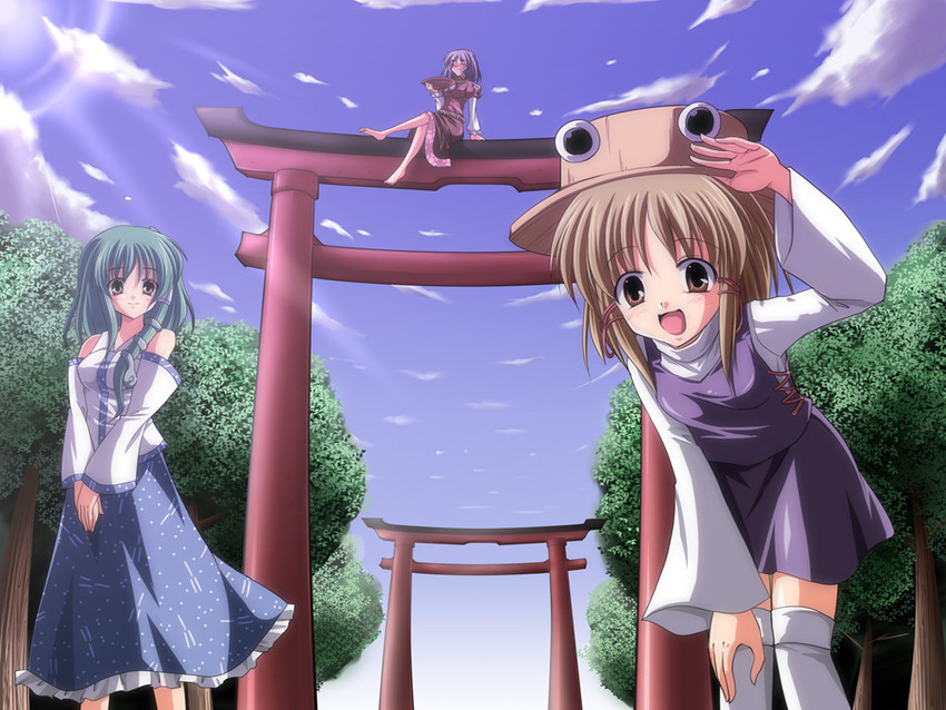kochiya sanae, moriya suwako, and yasaka kanako (touhou) drawn by subaru_noji