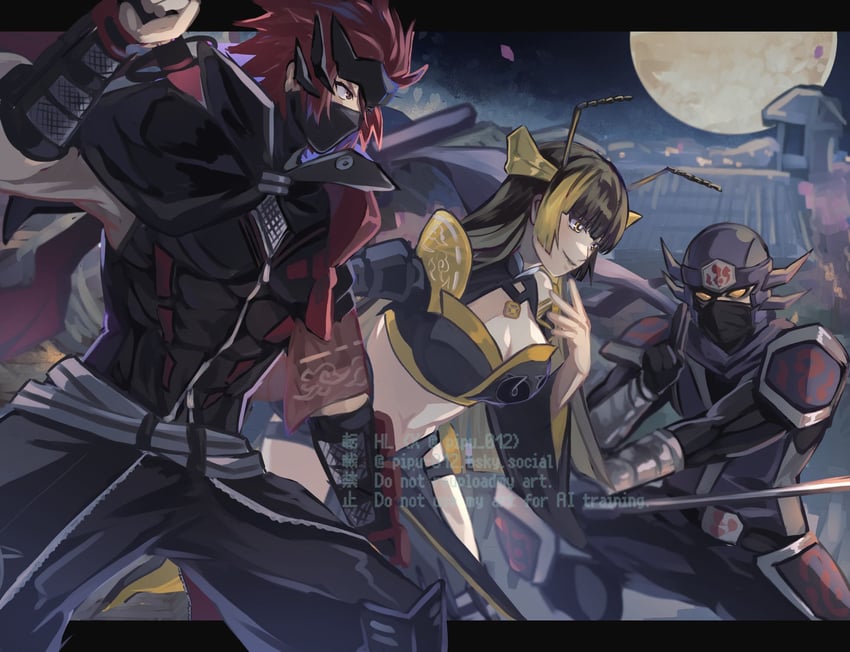 mitsu the insect ninja, meizen the battle ninja, and ninja grandmaster hanzo (yu-gi-oh!) drawn by pipu_012