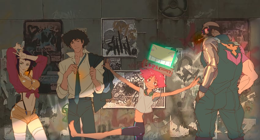 faye valentine, spike spiegel, edward wong hau pepelu tivrusky iv, and jet black (cowboy bebop) drawn by minisky01