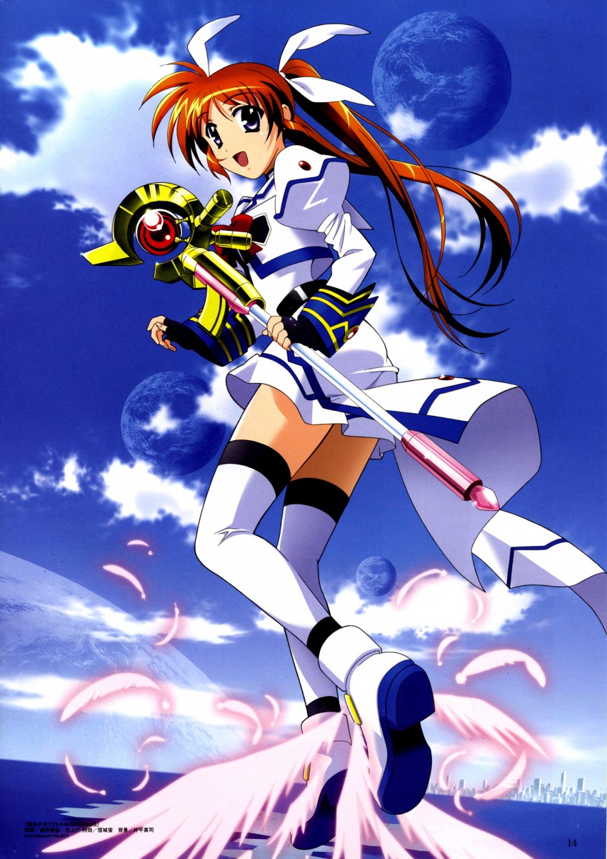 takamachi nanoha and raising heart (lyrical nanoha and 2 more) drawn by okuda_yasuhiro