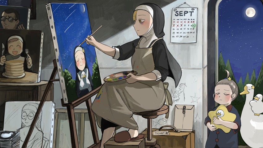 star nun, father, mother superior, spicy nun's mother, and pancake nun (little nuns) drawn by diva_(hyxpk)