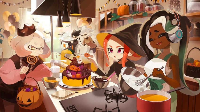 octoling player character, callie, marie, octoling girl, marina, and 1 more (splatoon and 1 more) drawn by nomu_(29_nom)
