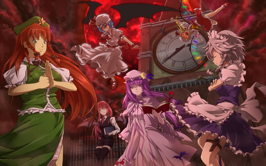 remilia scarlet, flandre scarlet, izayoi sakuya, patchouli knowledge, hong meiling, and 1 more (touhou) drawn by edamame_(supernova)