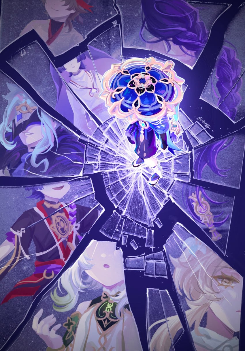 lumine, raiden shogun, scaramouche, nahida, wanderer, and 2 more (genshin impact) drawn by rainbowsugarflower