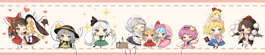 hakurei reimu, kirisame marisa, remilia scarlet, flandre scarlet, izayoi sakuya, and 6 more (touhou) drawn by piyokichi