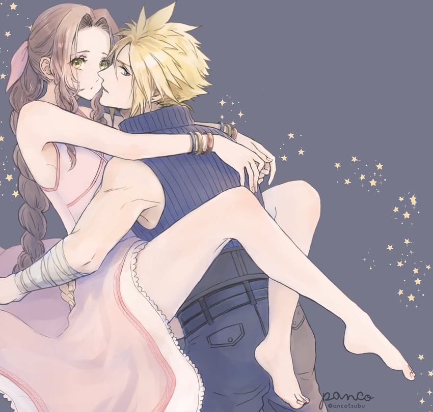 cloud strife and aerith gainsborough (final fantasy and 2 more) drawn by ancotsubu