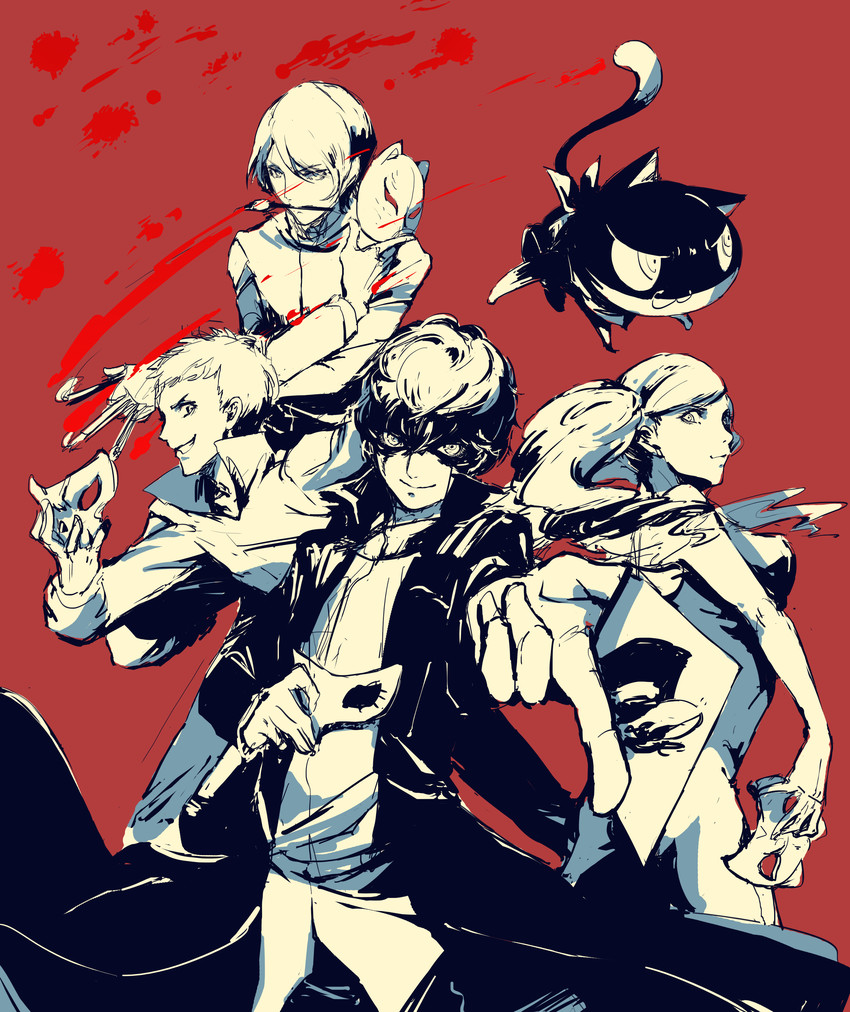 amamiya ren, takamaki anne, morgana, joker, sakamoto ryuuji, and 1 more (persona and 1 more) drawn by ryou_(60703991)
