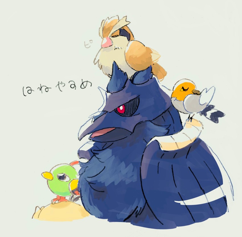 pidgey, natu, fletchling, and corviknight (pokemon) drawn by torinoko_(miiko_draw)