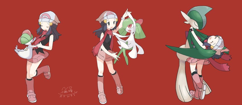 dawn, kirlia, gallade, and ralts (pokemon and 1 more) drawn by donguri_big