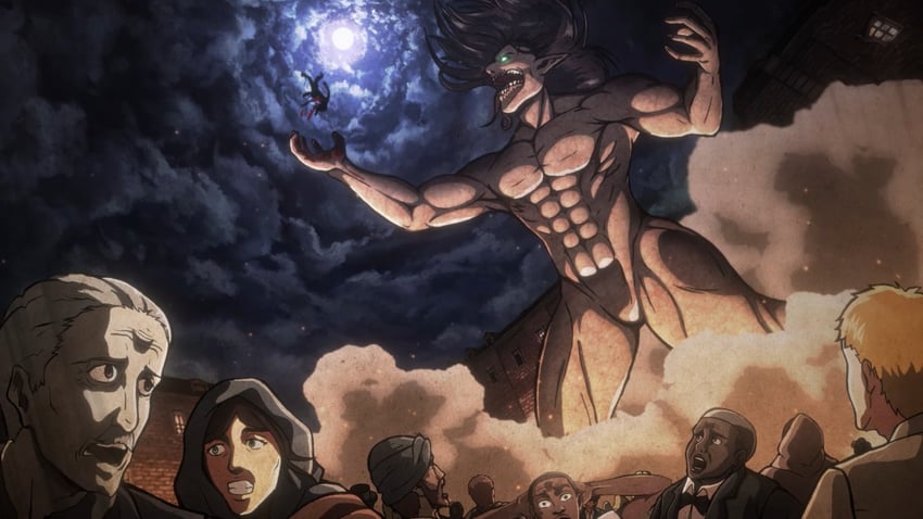 eren yeager, titan, rogue titan, and willy tybur (shingeki no kyojin) drawn by vibraanims